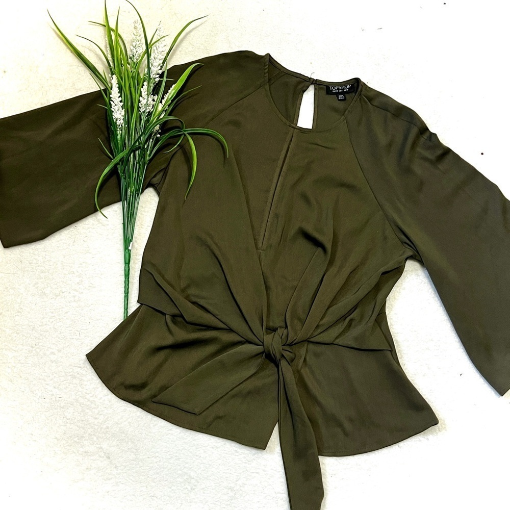 TOPSHOP Olive Open Back Tie Front Peplum Blouse - Size 6(US)
